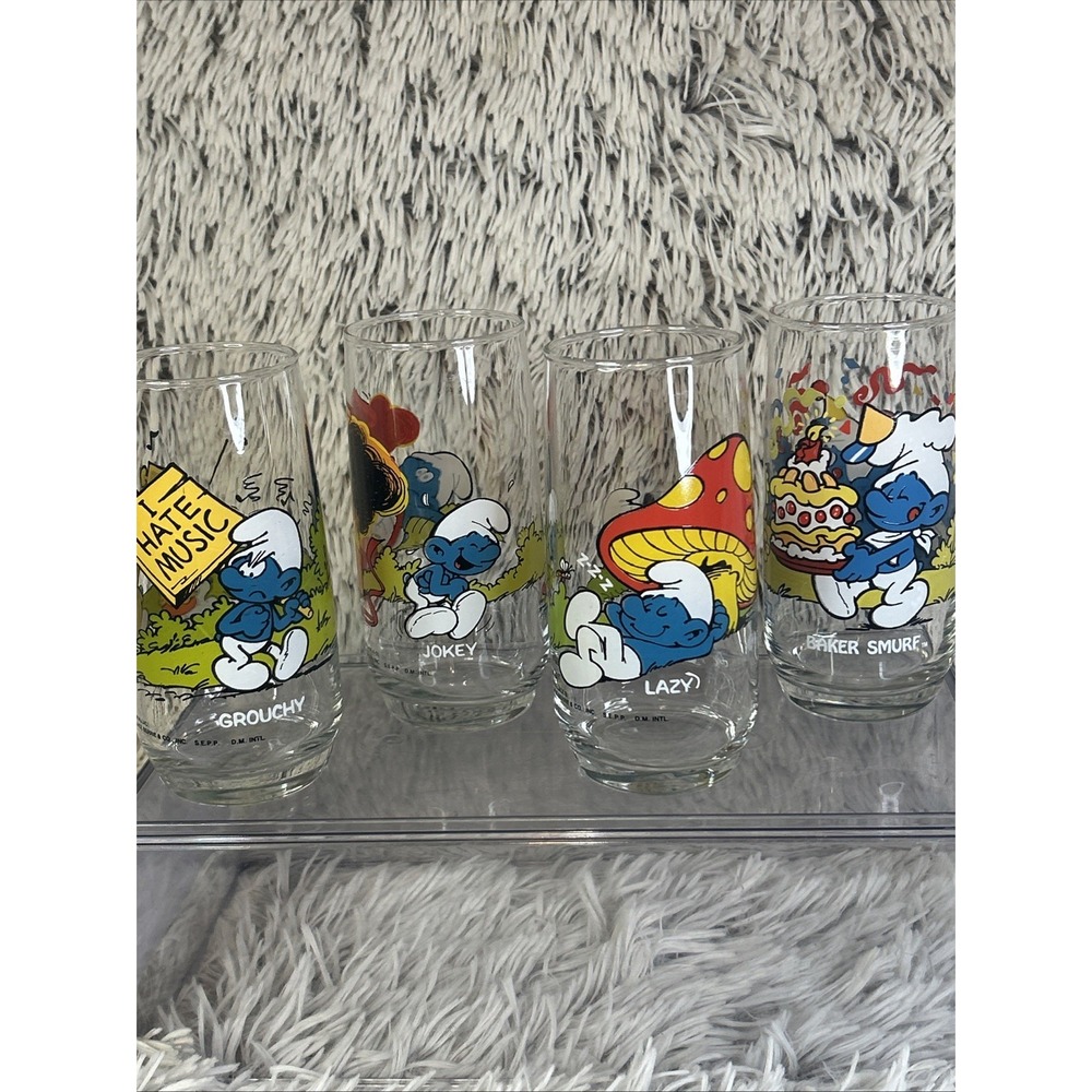 4 Vintage 1982-83 Smurf Character Drinking Glasses Baker‎ Lazy Jokey Grouchy 6"